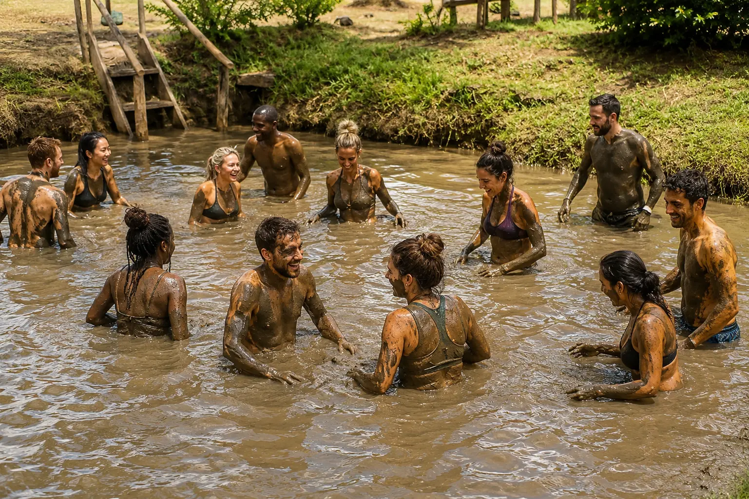Visitors sitting shoulder-deep in the warm mud pool at the Sabeto hot springs, laughing together